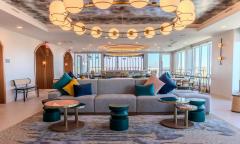 One of the couches in the lobby area