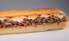 A close up of a Philly cheese steak