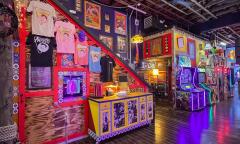 Merchandise and arcade games lining the walls