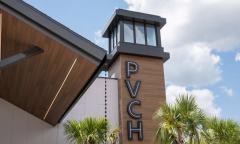 The tower at Ponte Vedra Concert Hall, on a sunny day with fluffy clouds