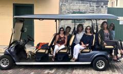 Gold Tours with their green large EV, on a St. Augustine Street with clients aboard