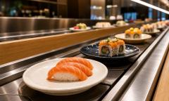 Sushi plates coming down the conveyor belt