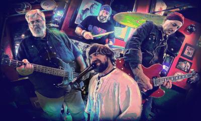 The four-member band, Contact Buzz, in a composite photo