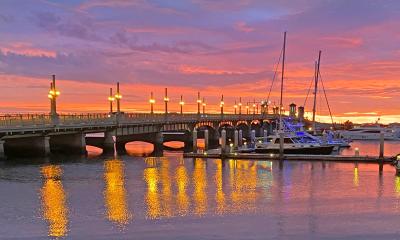 A brilliant sunrise over the Bridge of Lions and St. Augustine City Marina