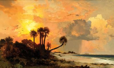 A painting by Thomas Moran of the sunset over the coastline, with silhouetted palm trees leaning towards the sea and waves breaking on the shore at Fort George Island