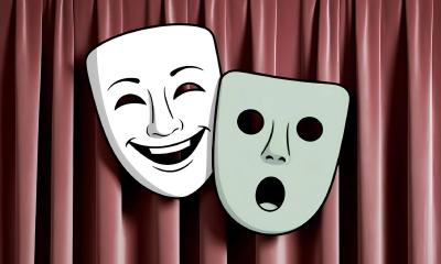 Two theater masks, against a soft red curtain, the white mask is smiling, the green one has a look of surprise