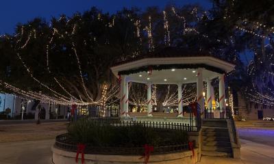 The gazebo in the plaza decorated for Nights of Lights