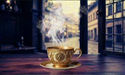 A china cup of coffee on a saucer in front of a window in a home in Europe