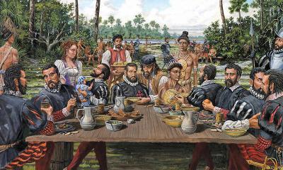 A painting of the nations first Thanksgiving celebration in St. Augustine, Florida.
