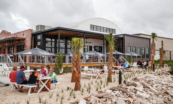 The outdoor seating area overlooking the water