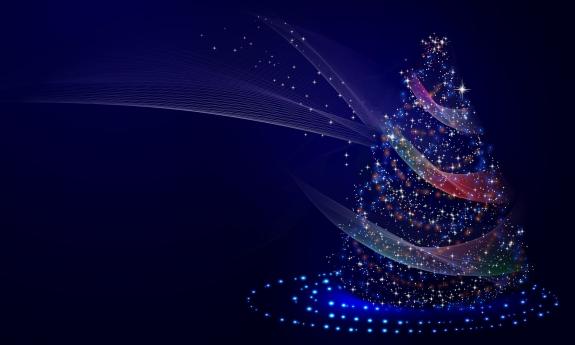 An image of a Christmas tree, with net gallant and stars for lights, against a dark blue background