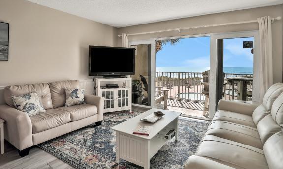 A livingroom, with leather furniture, in a condo on Crescent Beach