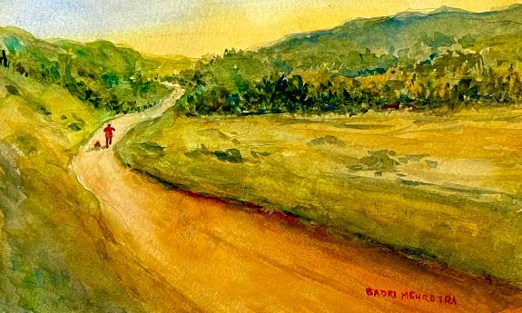A watercolor, titled "Evening Walk," by Dr. Badri Nath Mehrotra