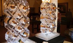 Bottles of wine chilling in ice sculptures
