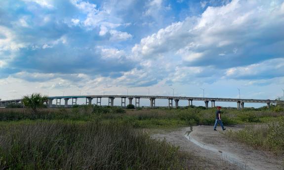 Marsh landscape underneath the 312 Bridge in St. Augustine, Florida. A man in a red hat walks on a dirt path.