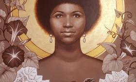 A portrait of a Black woman holding a mockingbird with a halo behind her painted by St. Augustine artist Teri Tompkins
