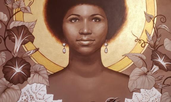 A portrait of a Black woman holding a mockingbird with a halo behind her painted by St. Augustine artist Teri Tompkins