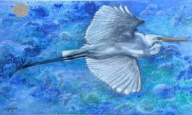 A painted heron flies across a blue background in this Deborah Lightfield painting