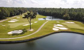 A drone photo showing hole 9 at St. Johns Golf and Country Club