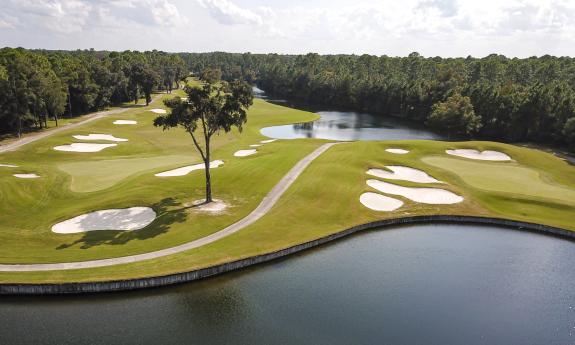 A drone photo showing hole 9 at St. Johns Golf and Country Club