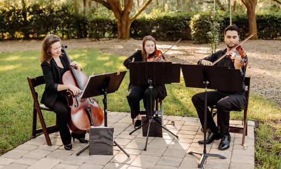 Three string instrumentalists performing al fresco