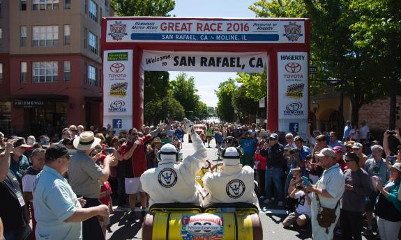 A 1918 American La France, crosses a finish line at San Rafael, California