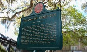 The historical marker at Tolomato Cemetery placed by the state of Florida