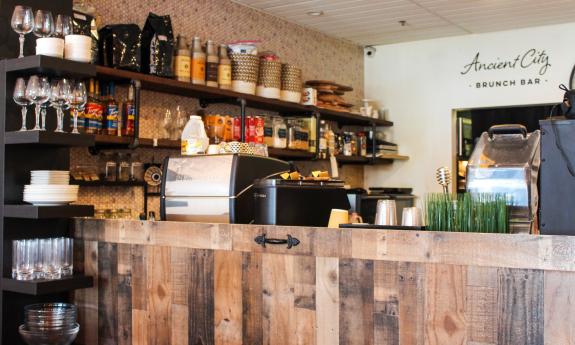 The counter and inside space of the eatery