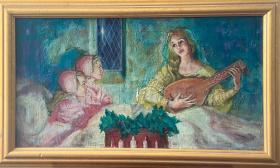 A brightly saturated painting which shows two young girls watching a young woman playing a lute. A setting of holly and candles in the fore