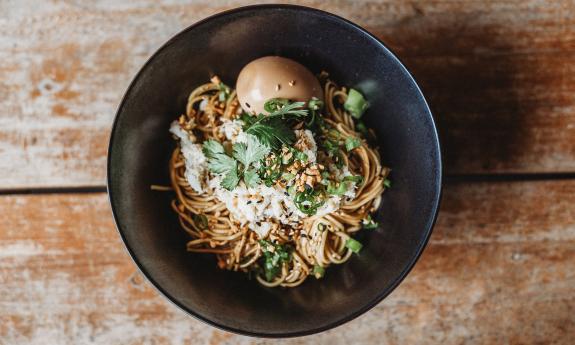 Ramen bowl prepared at Lotus Noodle Bar in St. Augustine, Florida