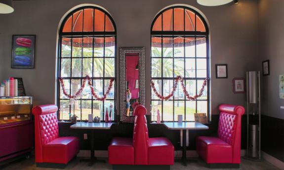 A seating area at Le Macaron, a French pastry shop on Cathedral Place in downtown St. Augustine, FL