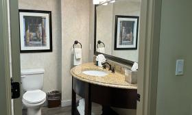 The bath in a guest room has ample countertop space at DoubleTree by Hilton in St. Augustine
