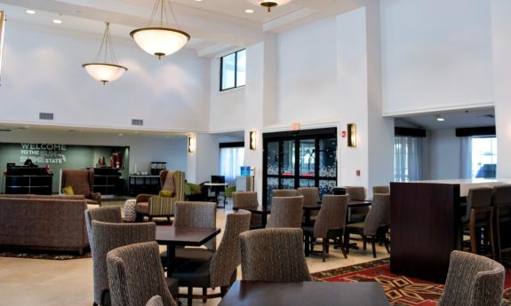 The welcoming lobby of the Hampton Inn and Suites in Vilano Beach