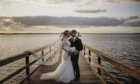 newlyweds at Marywood Retreat Center dock
