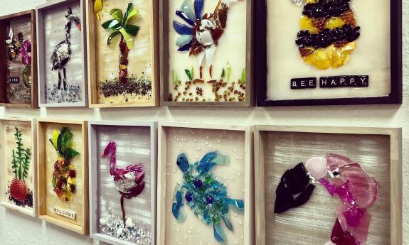 Displayed artwork at Recycled Glass Art Studio