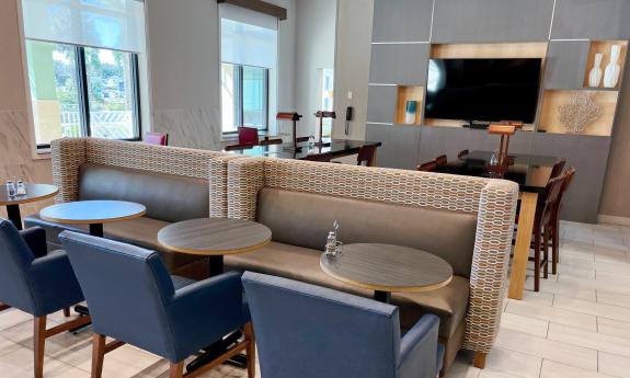 The dining area in the lobby of the Holiday Inn Express in Vilano Beach