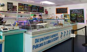 The ordering counter at The St. Augustine Scoop explains the shop's title: "Did you know a group of Pelicans is called a Scoop?"