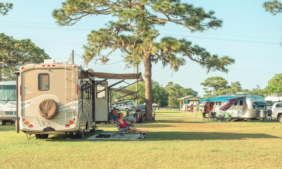 The campground at the Gamble Rogers Music Festival in 2023, with RVs and trailers