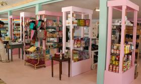 Pink shelves of merchandise at Spinster Abbott's Bodega