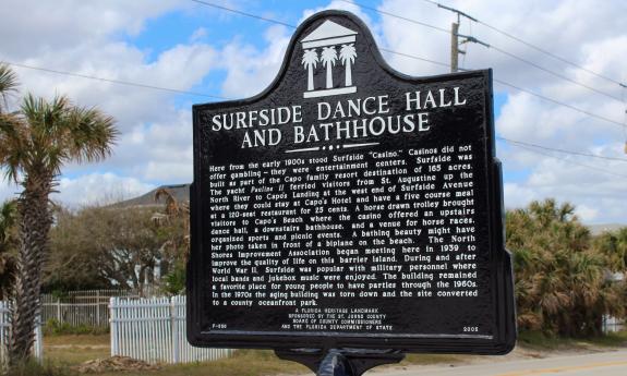 Historical sign for the Surfside Dance Hall at Surfside Park on Vilano Beach