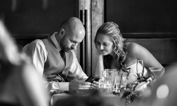 Bride and groom sharing a moment during the reception