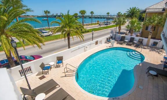 The outdoor pool area overlooking the bayfront