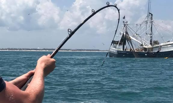 A guest offshore fishing with another boat in the distance