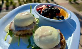 Open for breakfast, Crabby's Beachside offers Eggs Benedict, with two grilled lump crabcakes