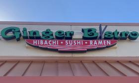 The Ginger Bistro sign advertising hibachi, sushi, and ramen