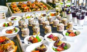 A catering service for a wedding laid out