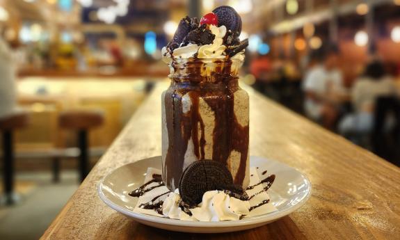 A hot fudge brownie milkshake