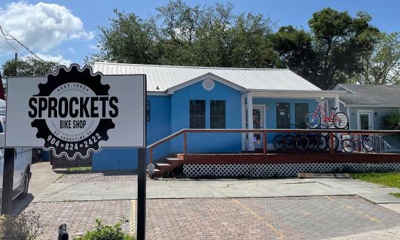 The exterior of the Sprockets Bicycle Shop building