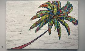 A massive painting of a palm tree by Maria Reyes-Jones, which includes abstract colors and a background that looks like white marble.