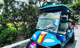This Panda Tours golf cart is bright blue and festooned with small colorful flags, and parked near a hedge